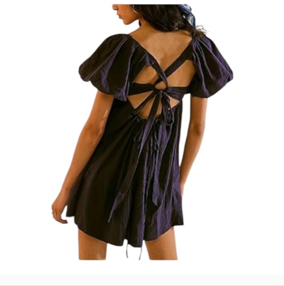 Free People Dress Marina tie back cotton crinkle babydoll blue size Large L - Picture 8 of 8